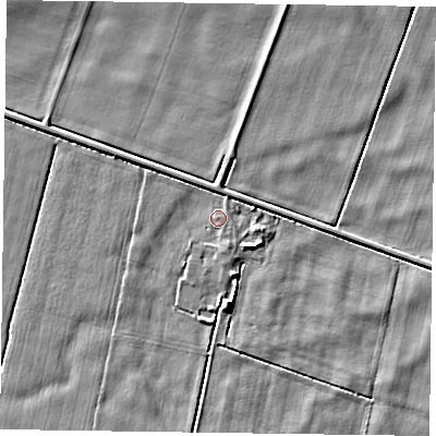 Shaded relief map of the ground around DN85SL, computed from Environment Agency LiDAR. The ground here sits at about 2 m above sea level and falls 5 m across the surrounding 800 m. Surface water reaching this point runs off ground lying to the west-north-west, 2.1 m higher.