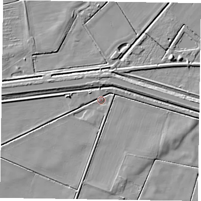 Shaded relief map of the ground around DN85SP, computed from Environment Agency LiDAR. The ground here sits at about 2 m above sea level and falls 5 m across the surrounding 800 m. Surface water reaching this point runs off ground lying to the north-north-east, 2.4 m higher.