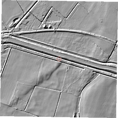 Shaded relief map of the ground around DN85SR, computed from Environment Agency LiDAR. The ground here sits at about 2 m above sea level and falls 5 m across the surrounding 800 m. Surface water reaching this point runs off ground lying to the west-north-west, 3.3 m higher.