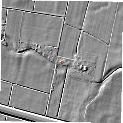 Shaded relief map of the ground around DN85TD, computed from Environment Agency LiDAR. The ground here sits at about 2 m above sea level and falls 5 m across the surrounding 800 m. Surface water reaching this point runs off ground lying to the west-south-west, 1.0 m higher.