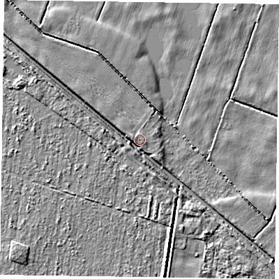 Shaded relief map of the ground around DN85TE, computed from Environment Agency LiDAR. The ground here sits at about 2 m above sea level and falls 4 m across the surrounding 800 m. Surface water reaching this point runs off ground lying to the south, 2.7 m higher.