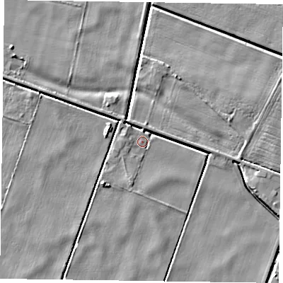 Shaded relief map of the ground around DN85TG, computed from Environment Agency LiDAR. The ground here sits at about 2 m above sea level and falls 5 m across the surrounding 800 m. Surface water reaching this point runs off ground lying to the north-west, 3.7 m higher.