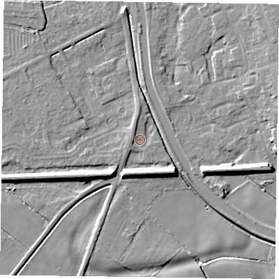 Shaded relief map of the ground around DN85TS, computed from Environment Agency LiDAR. The ground here sits at about 3 m above sea level and falls 8 m across the surrounding 800 m. Surface water reaching this point runs off ground lying to the west, 2.0 m higher.