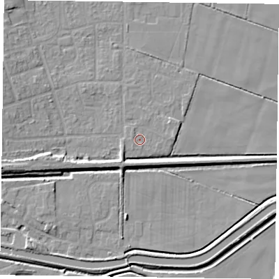 Shaded relief map of the ground around DN85TU, computed from Environment Agency LiDAR. The ground here sits at about 3 m above sea level and falls 9 m across the surrounding 800 m. Surface water reaching this point runs off ground lying to the east, 1.3 m higher.