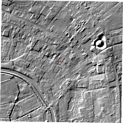 Shaded relief map of the ground around DN85TW, computed from Environment Agency LiDAR. The ground here sits at about 4 m above sea level and falls 12 m across the surrounding 800 m. Surface water reaching this point runs off ground lying to the north-east, 2.9 m higher.