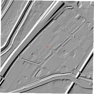 Shaded relief map of the ground around DN85TX, computed from Environment Agency LiDAR. The ground here sits at about 4 m above sea level and falls 11 m across the surrounding 800 m. Surface water reaching this point runs off ground lying to the east, 0.5 m higher.
