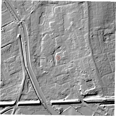 Shaded relief map of the ground around DN85UD, computed from Environment Agency LiDAR. The ground here sits at about 4 m above sea level and falls 8 m across the surrounding 800 m. Surface water reaching this point runs off ground lying to the east, 6.3 m higher.