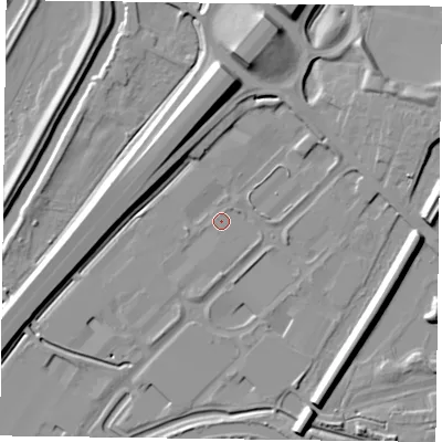 Shaded relief map of the ground around DN85UE, computed from Environment Agency LiDAR. The ground here sits at about 4 m above sea level and falls 11 m across the surrounding 800 m. Surface water reaching this point runs off ground lying to the east-north-east, 1.6 m higher.