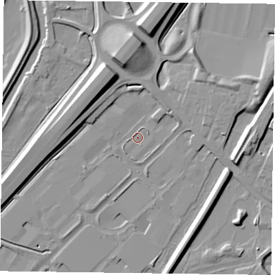 Shaded relief map of the ground around DN85UG, computed from Environment Agency LiDAR. The ground here sits at about 4 m above sea level and falls 12 m across the surrounding 800 m. Surface water reaching this point runs off ground lying to the south-west, 1.4 m higher.