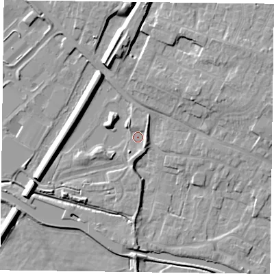 Shaded relief map of the ground around DN85UJ, computed from Environment Agency LiDAR. The ground here sits at about 4 m above sea level and falls 9 m across the surrounding 800 m. Surface water reaching this point runs off ground lying to the north-east, 2.5 m higher.