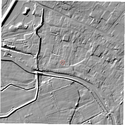Shaded relief map of the ground around DN85UN, computed from Environment Agency LiDAR. The ground here sits at about 3 m above sea level and falls 9 m across the surrounding 800 m. Surface water reaching this point runs off ground lying to the south-south-west, 1.6 m higher.