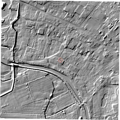 Shaded relief map of the ground around DN85UP, computed from Environment Agency LiDAR. The ground here sits at about 4 m above sea level and falls 9 m across the surrounding 800 m. Surface water reaching this point runs off ground lying to the west-south-west, 1.3 m higher.