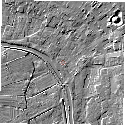 Shaded relief map of the ground around DN85UR, computed from Environment Agency LiDAR. The ground here sits at about 3 m above sea level and falls 12 m across the surrounding 800 m. Surface water reaching this point runs off ground lying to the south-south-east, 2.3 m higher.