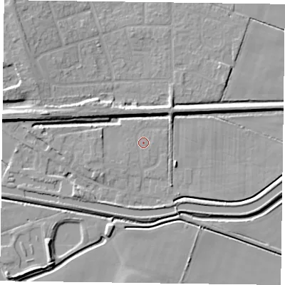 Shaded relief map of the ground around DN85UT, computed from Environment Agency LiDAR. The ground here sits at about 3 m above sea level and falls 9 m across the surrounding 800 m. Surface water reaching this point runs off ground lying to the south-west, 0.7 m higher.