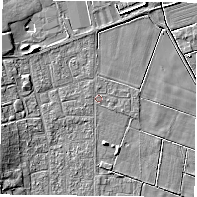 Shaded relief map of the ground around DN85XA, computed from Environment Agency LiDAR. The ground here sits at about 2 m above sea level and falls 6 m across the surrounding 800 m. Surface water reaching this point runs off ground lying to the east-south-east, 0.6 m higher.
