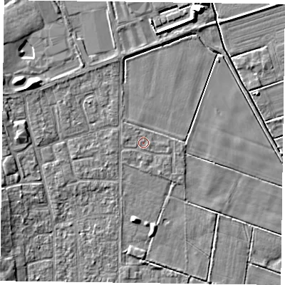 Shaded relief map of the ground around DN85XB, computed from Environment Agency LiDAR. The ground here sits at about 2 m above sea level and falls 6 m across the surrounding 800 m. Surface water reaching this point runs off ground lying to the south-south-east, 0.6 m higher.