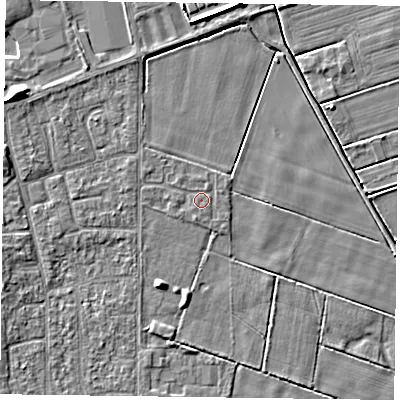 Shaded relief map of the ground around DN85XD, computed from Environment Agency LiDAR. The ground here sits at about 2 m above sea level and falls 5 m across the surrounding 800 m. The ground contributing surface water to this point lies to the south.