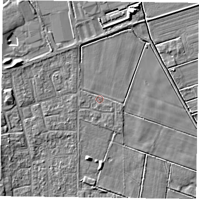 Shaded relief map of the ground around DN85XE, computed from Environment Agency LiDAR. The ground here sits at about 2 m above sea level and falls 6 m across the surrounding 800 m. Surface water reaching this point runs off ground lying to the west-north-west, 0.7 m higher.