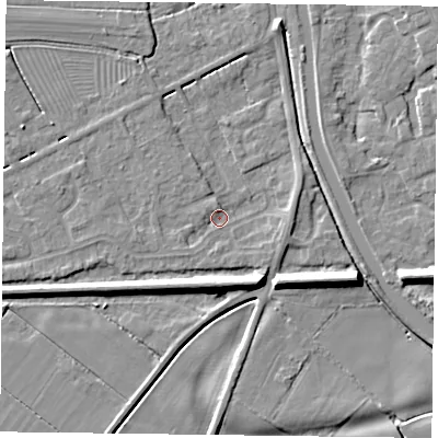 Shaded relief map of the ground around DN85YN, computed from Environment Agency LiDAR. The ground here sits at about 2 m above sea level and falls 8 m across the surrounding 800 m. Surface water reaching this point runs off ground lying to the east-north-east, 2.2 m higher.