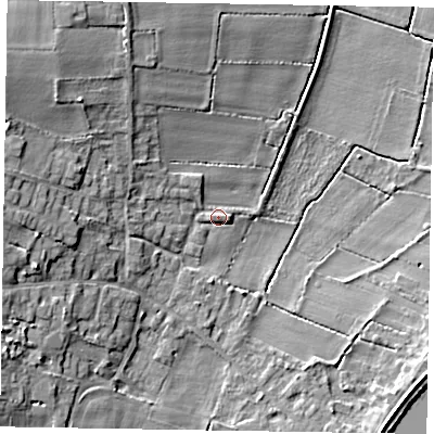 Shaded relief map of the ground around DN91AH, computed from Environment Agency LiDAR. The ground here sits at about 4 m above sea level and falls 11 m across the surrounding 800 m. Surface water reaching this point runs off ground lying to the north-west, 8.5 m higher.