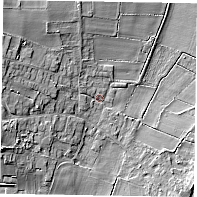 Shaded relief map of the ground around DN91AJ, computed from Environment Agency LiDAR. The ground here sits at about 4 m above sea level and falls 13 m across the surrounding 800 m. Surface water reaching this point runs off ground lying to the west-north-west, 2.3 m higher.