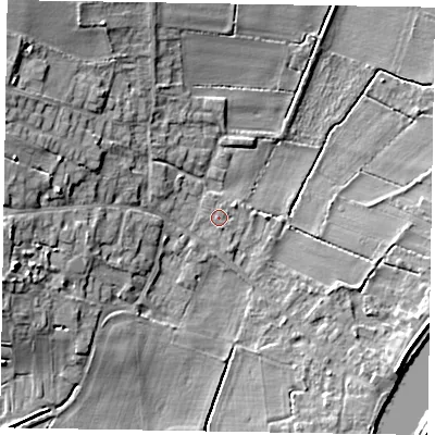 Shaded relief map of the ground around DN91AN, computed from Environment Agency LiDAR. The ground here sits at about 4 m above sea level and falls 11 m across the surrounding 800 m. The ground contributing surface water to this point lies to the south-south-east.