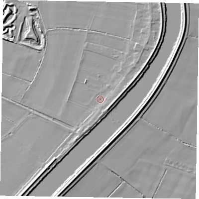 Shaded relief map of the ground around DN91BH, computed from Environment Agency LiDAR. The ground here sits at about 4 m above sea level and falls 7 m across the surrounding 800 m. Surface water reaching this point runs off ground lying to the east-south-east, 3.1 m higher.