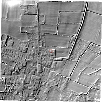 Shaded relief map of the ground around DN91BP, computed from Environment Agency LiDAR. The ground here sits at about 5 m above sea level and falls 12 m across the surrounding 800 m. Surface water reaching this point runs off ground lying to the west-north-west, 8.4 m higher.