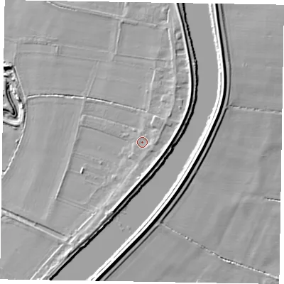 Shaded relief map of the ground around DN91BQ, computed from Environment Agency LiDAR. The ground here sits at about 5 m above sea level and falls 6 m across the surrounding 800 m. Surface water reaching this point runs off ground lying to the east-north-east, 1.2 m higher.