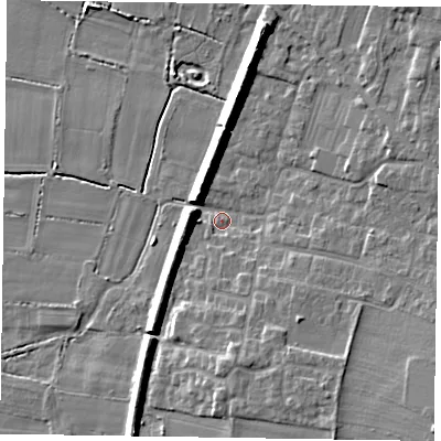 Shaded relief map of the ground around DN91DX, computed from Environment Agency LiDAR. The ground here sits at about 6 m above sea level and falls 11 m across the surrounding 800 m. Surface water reaching this point runs off ground lying to the north, 8.1 m higher.