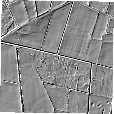 Shaded relief map of the ground around DN91DY, computed from Environment Agency LiDAR. The ground here sits at about 2 m above sea level and falls 6 m across the surrounding 800 m. Surface water reaching this point runs off ground lying to the south, 4.2 m higher.