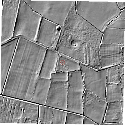 Shaded relief map of the ground around DN91EA, computed from Environment Agency LiDAR. The ground here sits at about 3 m above sea level and falls 6 m across the surrounding 800 m. Surface water reaching this point runs off ground lying to the south-south-east, 1.6 m higher.