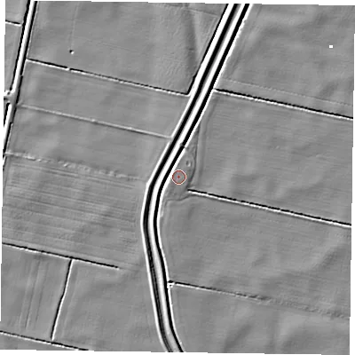 Shaded relief map of the ground around DN91EE, computed from Environment Agency LiDAR. The ground here sits at about 2 m above sea level and falls 4 m across the surrounding 800 m. Surface water reaching this point runs off ground lying to the north-north-west, 2.6 m higher.