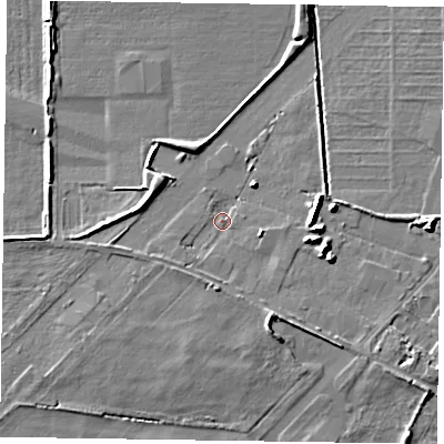 Shaded relief map of the ground around DN91FA, computed from Environment Agency LiDAR. The ground here sits at about 3 m above sea level and falls 7 m across the surrounding 800 m. Surface water reaching this point runs off ground lying to the south-south-east, 3.7 m higher.