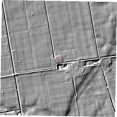 Shaded relief map of the ground around DN91FP, computed from Environment Agency LiDAR. The ground here sits at about 2 m above sea level and falls 3 m across the surrounding 800 m. Surface water reaching this point runs off ground lying to the west, 0.5 m higher.