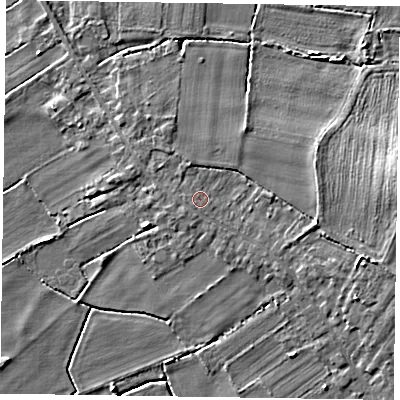 Shaded relief map of the ground around DN91LA, computed from Environment Agency LiDAR. The ground here sits at about 5 m above sea level and falls 9 m across the surrounding 800 m. Surface water reaching this point runs off ground lying to the east-north-east, 2.7 m higher.
