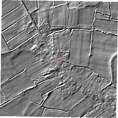 Shaded relief map of the ground around DN91LB, computed from Environment Agency LiDAR. The ground here sits at about 5 m above sea level and falls 5 m across the surrounding 800 m. Surface water reaching this point runs off ground lying to the east, 2.7 m higher.