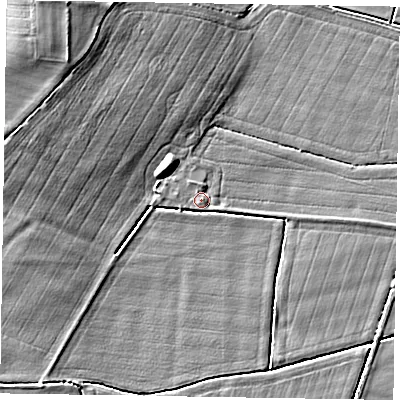 Shaded relief map of the ground around DN91NG, computed from Environment Agency LiDAR. The ground here sits at about 4 m above sea level and falls 9 m across the surrounding 800 m. Surface water reaching this point runs off ground lying to the east-south-east, 1.0 m higher.