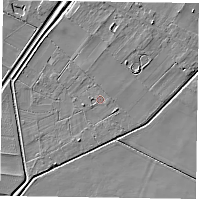 Shaded relief map of the ground around DN91PL, computed from Environment Agency LiDAR. The ground here sits at about 2 m above sea level and falls 5 m across the surrounding 800 m. Surface water reaching this point runs off ground lying to the north, 4.4 m higher.