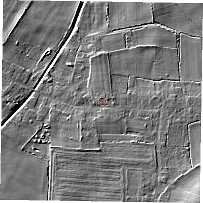 Shaded relief map of the ground around DN91QB, computed from Environment Agency LiDAR. The ground here sits at about 5 m above sea level and falls 10 m across the surrounding 800 m. Surface water reaching this point runs off ground lying to the east-north-east, 1.7 m higher.