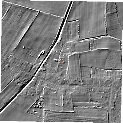Shaded relief map of the ground around DN91QD, computed from Environment Agency LiDAR. The ground here sits at about 4 m above sea level and falls 6 m across the surrounding 800 m. Surface water reaching this point runs off ground lying to the south-east, 2.3 m higher.