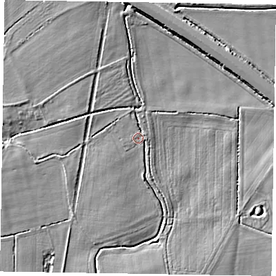 Shaded relief map of the ground around DN91QW, computed from Environment Agency LiDAR. The ground here sits at about 4 m above sea level and falls 6 m across the surrounding 800 m. Surface water reaching this point runs off ground lying to the south, 3.2 m higher.