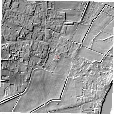 Shaded relief map of the ground around DN91RF, computed from Environment Agency LiDAR. The ground here sits at about 3 m above sea level and falls 12 m across the surrounding 800 m. Surface water reaching this point runs off ground lying to the north-west, 9.6 m higher.