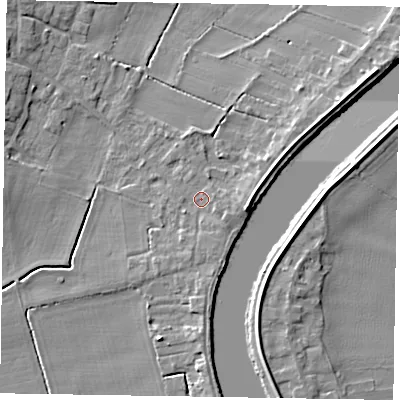 Shaded relief map of the ground around DN91RL, computed from Environment Agency LiDAR. The ground here sits at about 4 m above sea level and falls 6 m across the surrounding 800 m. Surface water reaching this point runs off ground lying to the east-south-east, 1.7 m higher.