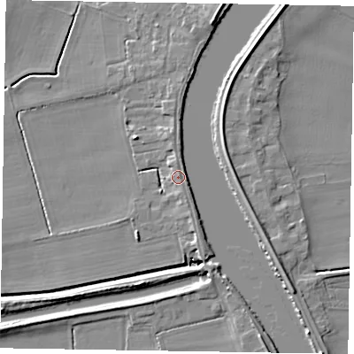Shaded relief map of the ground around DN91RP, computed from Environment Agency LiDAR. The ground here sits at about 5 m above sea level and falls 7 m across the surrounding 800 m. Surface water reaching this point runs off ground lying to the south-east, 3.5 m higher.