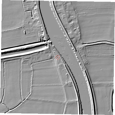 Shaded relief map of the ground around DN91RR, computed from Environment Agency LiDAR. The ground here sits at about 5 m above sea level and falls 7 m across the surrounding 800 m. Surface water reaching this point runs off ground lying to the south-east, 1.2 m higher.