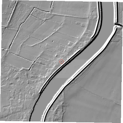 Shaded relief map of the ground around DN91RT, computed from Environment Agency LiDAR. The ground here sits at about 5 m above sea level and falls 7 m across the surrounding 800 m. Surface water reaching this point runs off ground lying to the south, 2.1 m higher.