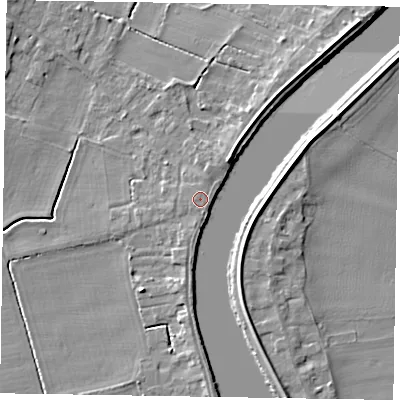 Shaded relief map of the ground around DN91RW, computed from Environment Agency LiDAR. The ground here sits at about 5 m above sea level and falls 6 m across the surrounding 800 m. Surface water reaching this point runs off ground lying to the south-south-east, 0.5 m higher.