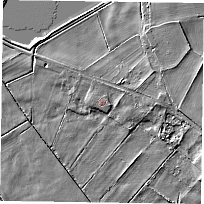 Shaded relief map of the ground around DN92BA, computed from Environment Agency LiDAR. The ground here sits at about 3 m above sea level and falls 6 m across the surrounding 800 m. The ground contributing surface water to this point lies to the south-south-west.