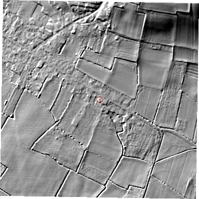 Shaded relief map of the ground around DN92DU, computed from Environment Agency LiDAR. The ground here sits at about 7 m above sea level and falls 30 m across the surrounding 800 m. Surface water reaching this point runs off ground lying to the north-north-east, 1.4 m higher.
